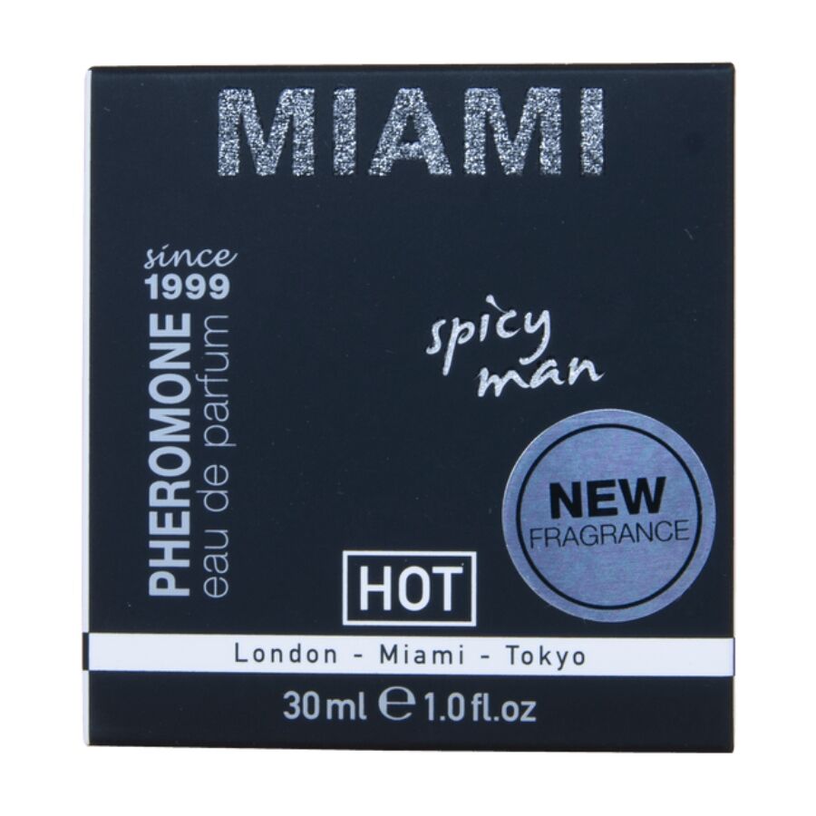 Boite Miami Spicy Man Hot avec pastille New Fragrance, parfum homme aux pheromones de 30 ml a la signature solaire et energique.