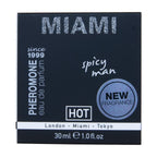 Boite Miami Spicy Man Hot avec pastille New Fragrance, parfum homme aux pheromones de 30 ml a la signature solaire et energique.