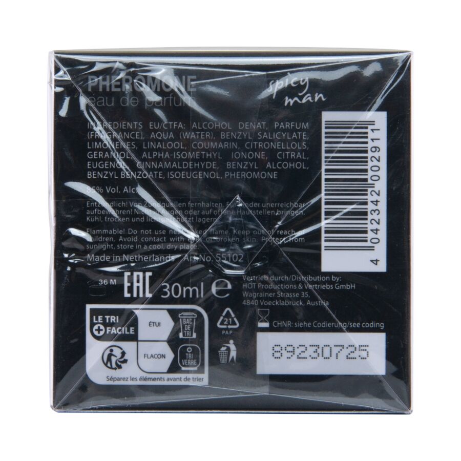 Verso filme de l'etui Miami Spicy Man Hot, liste d'ingredients et code-barres, eau de parfum homme aux pheromones concentrees 30 ml.