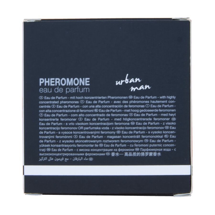 Verso de l'etui Tokyo Urban Man Hot avec notice pheromones multilingue, eau de parfum masculine au gingembre epice et vetiver, 30 ml.