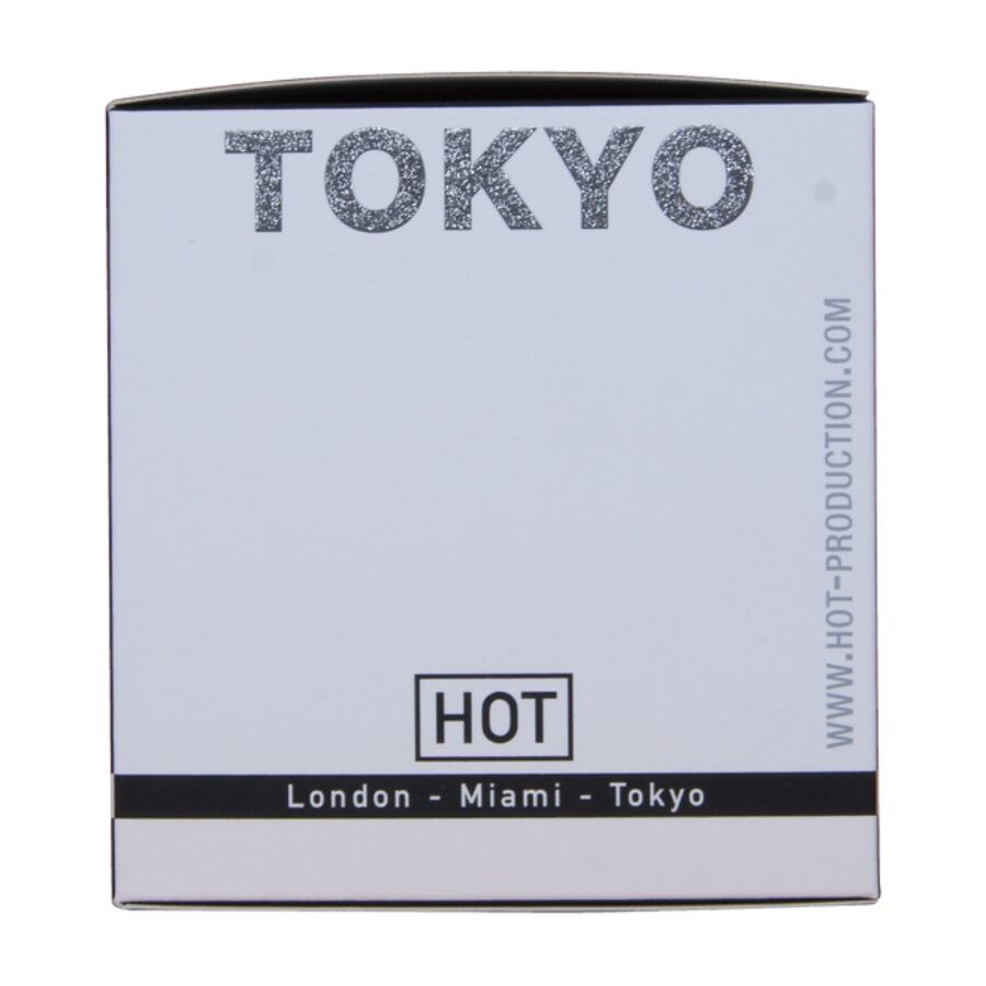 Flanc de la boite Tokyo Urban Man Hot avec adresse du site de production, parfum homme aux pheromones de 30 ml a la signature urbaine.