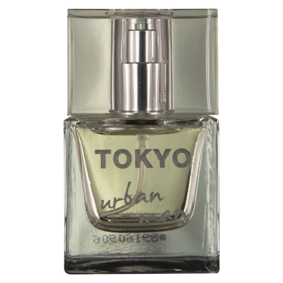Gros plan du flacon Tokyo Urban Man 30 ml Hot aux pheromones, verre dore et vaporisateur, parfum homme energique au gingembre et vetiver.