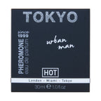 Etui du parfum Tokyo Urban Man 30 ml Hot aux pheromones, packaging bleu nuit gamme London Miami Tokyo, eau de parfum masculine urbaine.