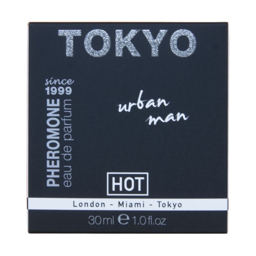 Etui du parfum Tokyo Urban Man 30 ml Hot aux pheromones, packaging bleu nuit gamme London Miami Tokyo, eau de parfum masculine urbaine.