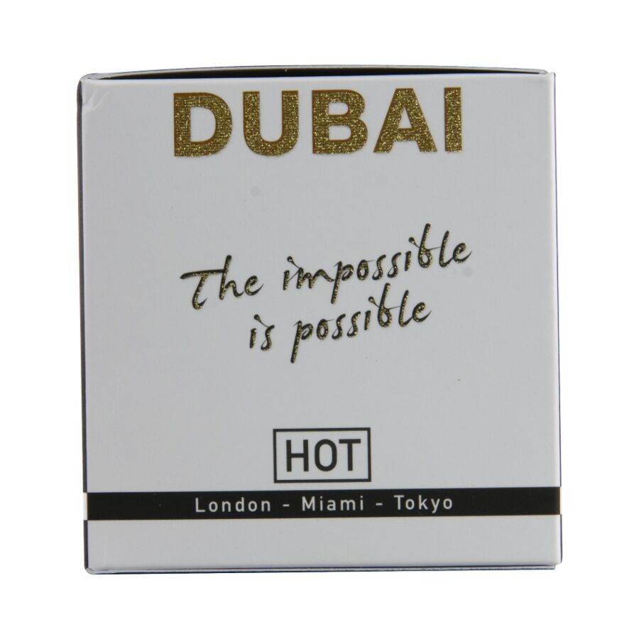 Cote de la boite Dubai Man Hot avec le slogan The impossible is possible, parfum homme aux pheromones de 30 ml a l'accord raffine.