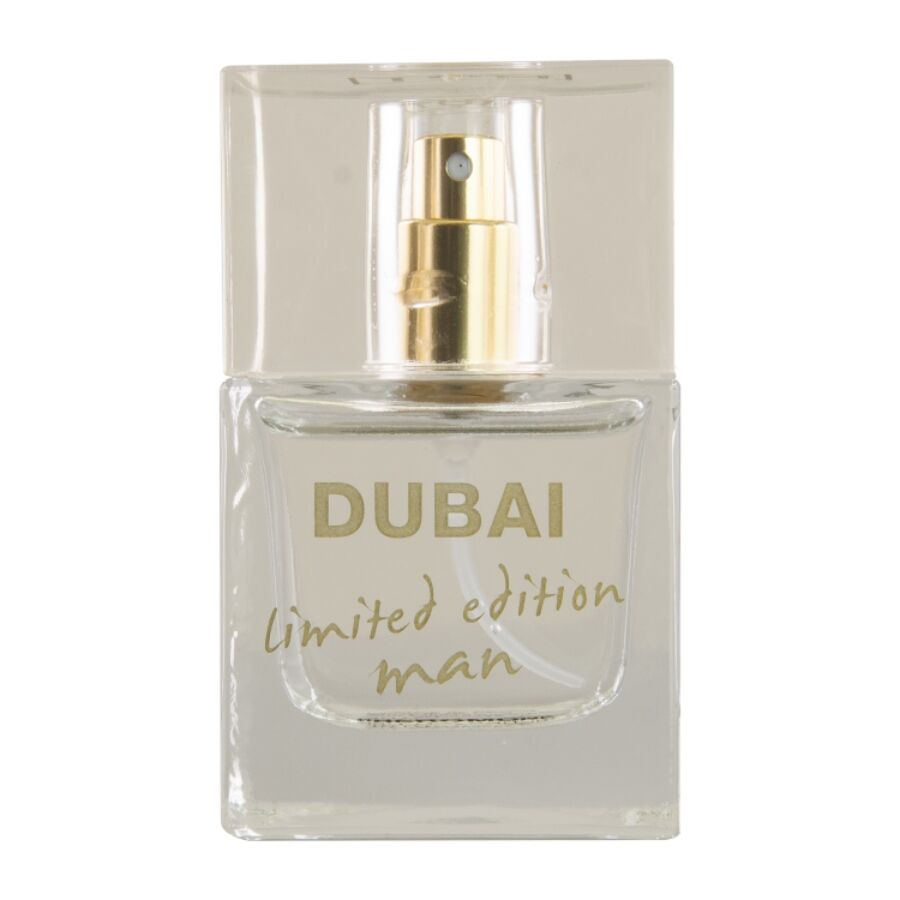 Gros plan du flacon Dubai Limited Edition Man 30 ml Hot aux pheromones, verre clair et vaporisateur dore, parfum homme raffine et opulent.