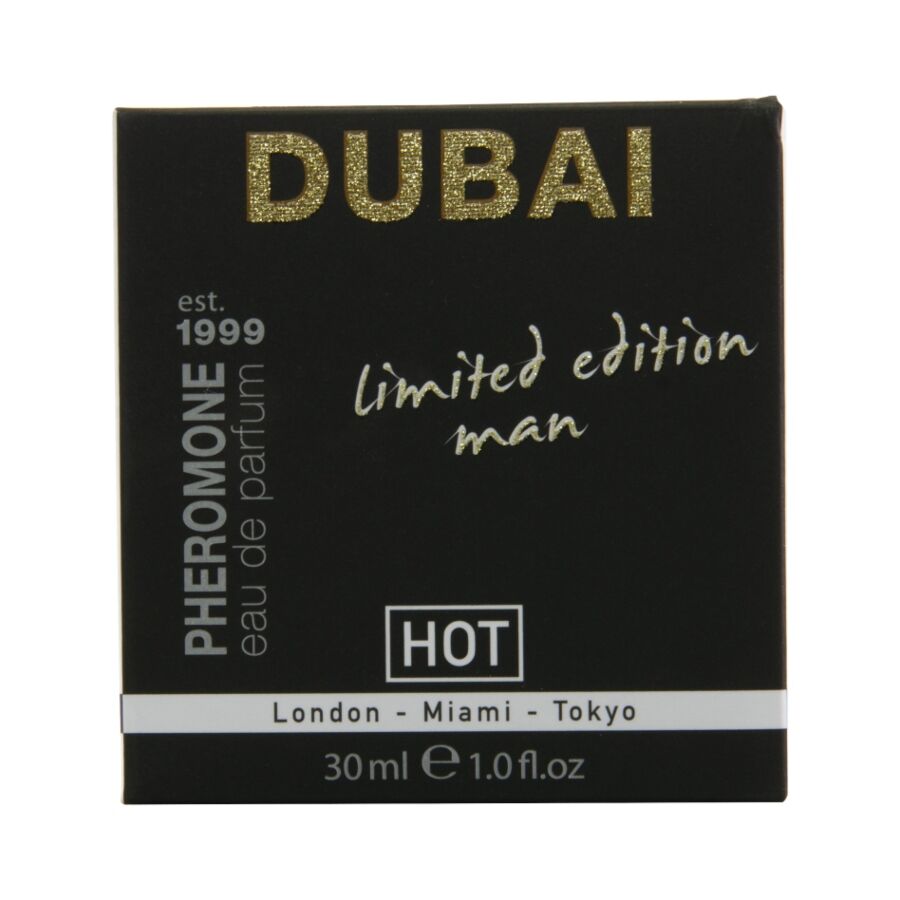 Etui noir et dore du parfum Dubai Limited Edition Man 30 ml Hot aux pheromones, gamme London Miami Tokyo, eau de parfum masculine raffinee.