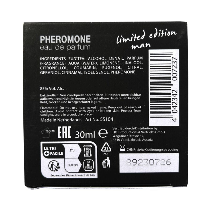 Dos de la boite Dubai Man Hot affichant ingredients, taux d'alcool et code-barres, parfum homme aux pheromones de 30 ml edition limitee.