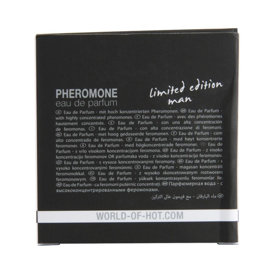 Verso de l'etui Dubai Man Hot avec notice pheromones et adresse du site, eau de parfum masculine opulente a l'ambre et au musc, 30 ml.