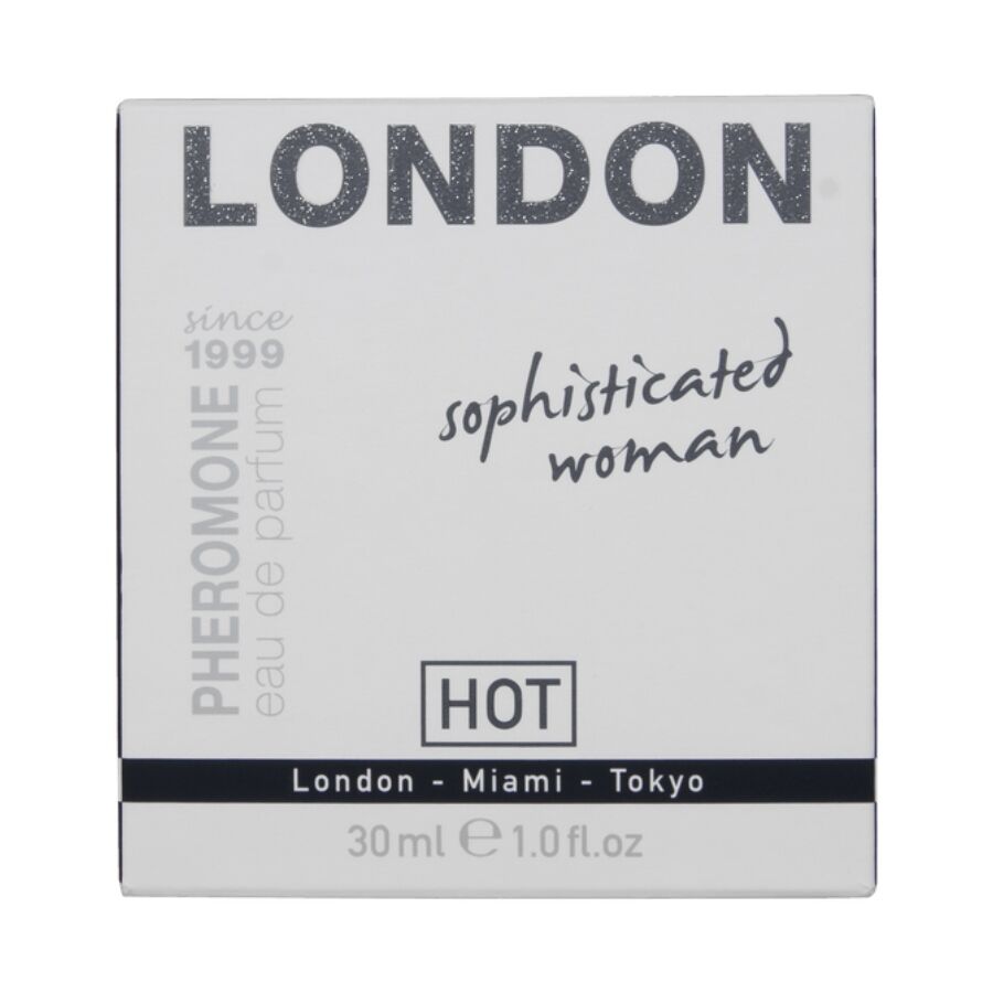 Etui clair du parfum London Sophisticated Woman 30 ml Hot aux pheromones, gamme London Miami Tokyo, eau de parfum feminine florale.