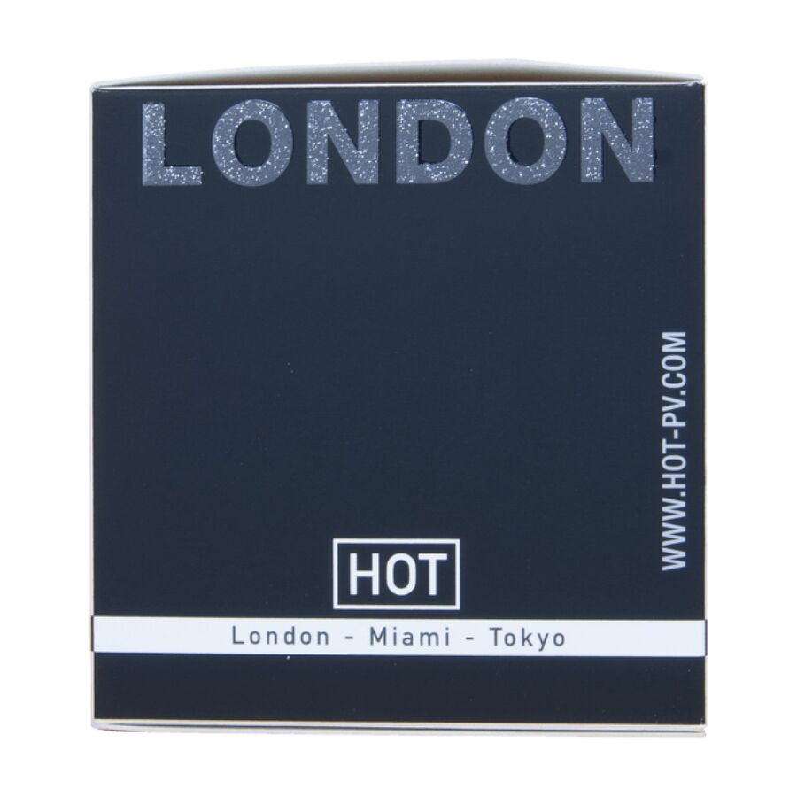 Flanc de la boite London Sophisticated Woman Hot avec adresse web, parfum femme aux pheromones de 30 ml a la signature florale elegante.
