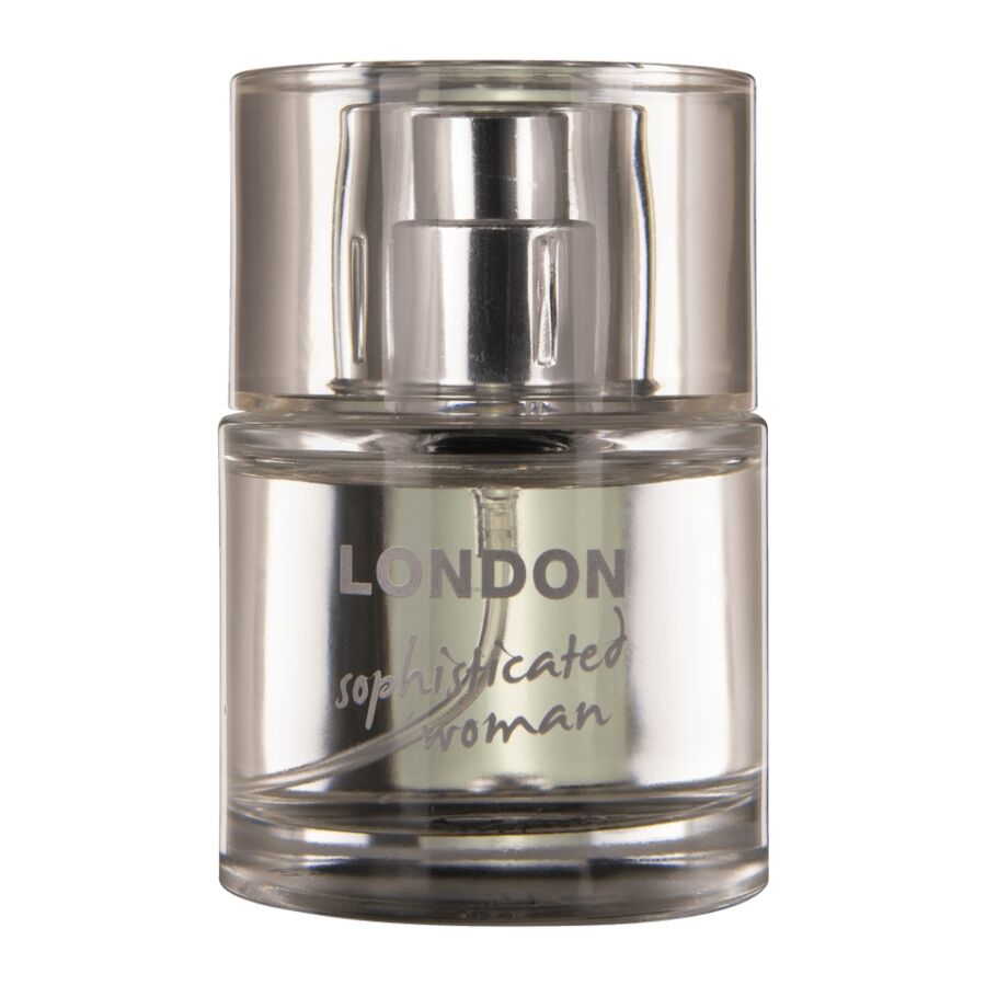 Gros plan du flacon London Sophisticated Woman 30 ml Hot aux pheromones, verre fume et bouchon chrome, parfum femme floral et elegant.