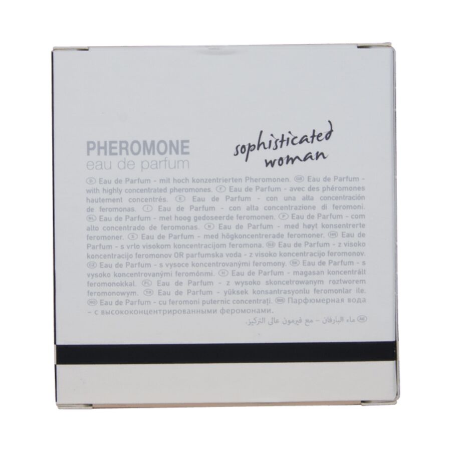 Verso de l'etui London Sophisticated Woman Hot avec notice pheromones multilingue, eau de parfum feminine au jasmin et mimosa, 30 ml.