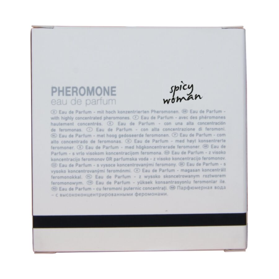 Verso de l'etui Miami Spicy Woman Hot avec notice pheromones multilingue, eau de parfum feminine au bouquet de jasmin et mimosa, 30 ml.