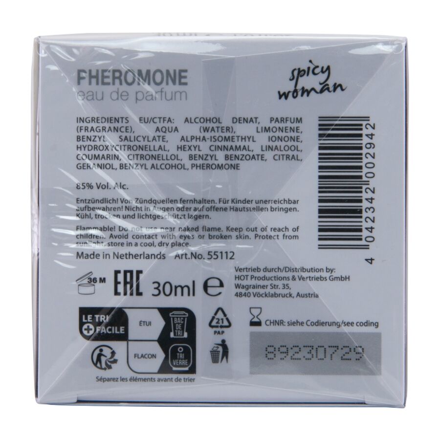 Boite filmee Miami Spicy Woman Hot vue de dos, ingredients et code-barres, parfum femme aux pheromones floral solaire de 30 ml.