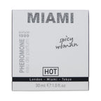Etui clair du parfum Miami Spicy Woman 30 ml Hot aux pheromones, gamme London Miami Tokyo, eau de parfum feminine florale et solaire.