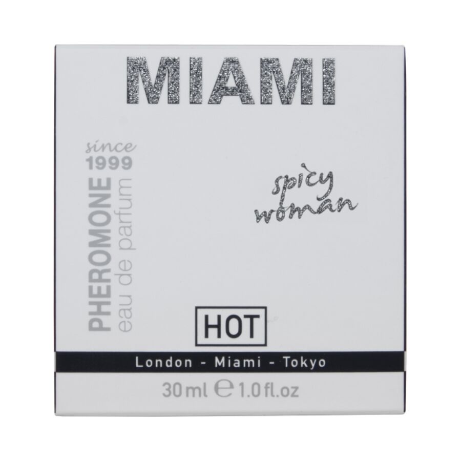 Etui clair du parfum Miami Spicy Woman 30 ml Hot aux pheromones, gamme London Miami Tokyo, eau de parfum feminine florale et solaire.
