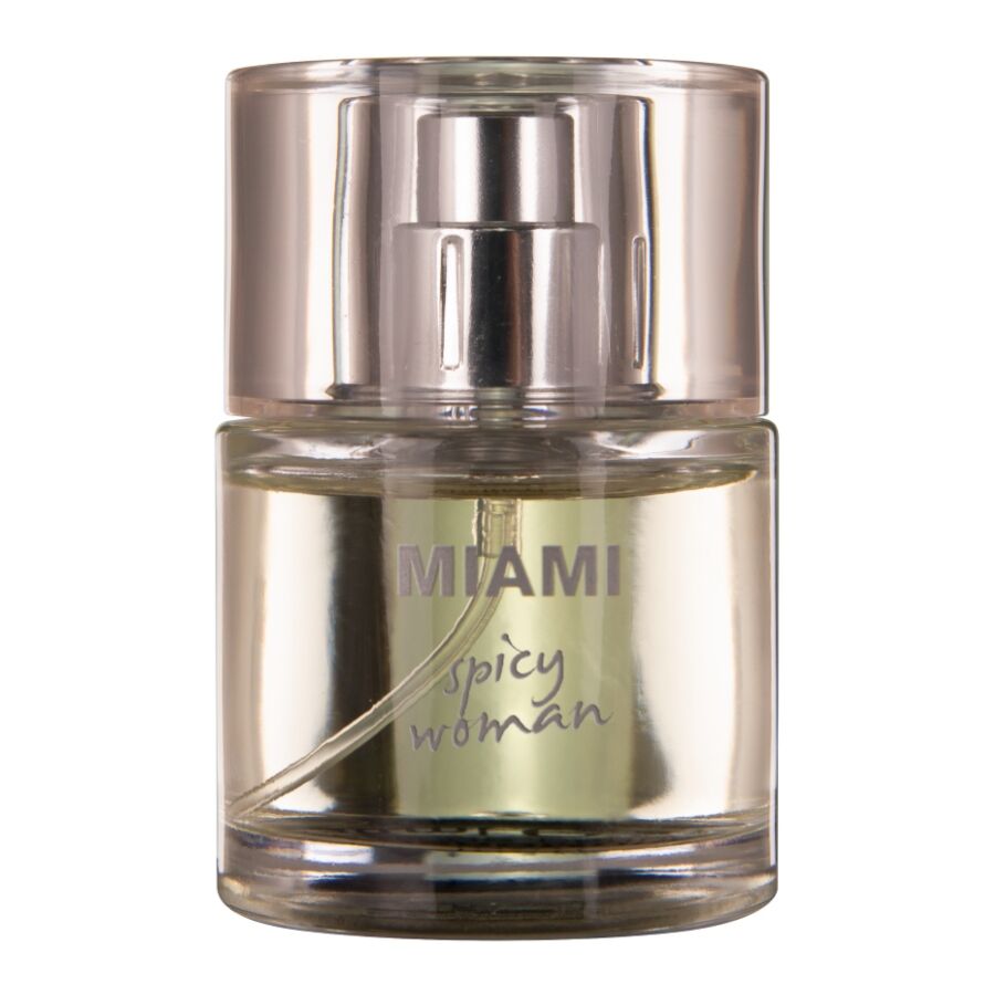 Gros plan du flacon Miami Spicy Woman 30 ml Hot aux pheromones, verre dore et bouchon rose, parfum femme floral solaire au jasmin.