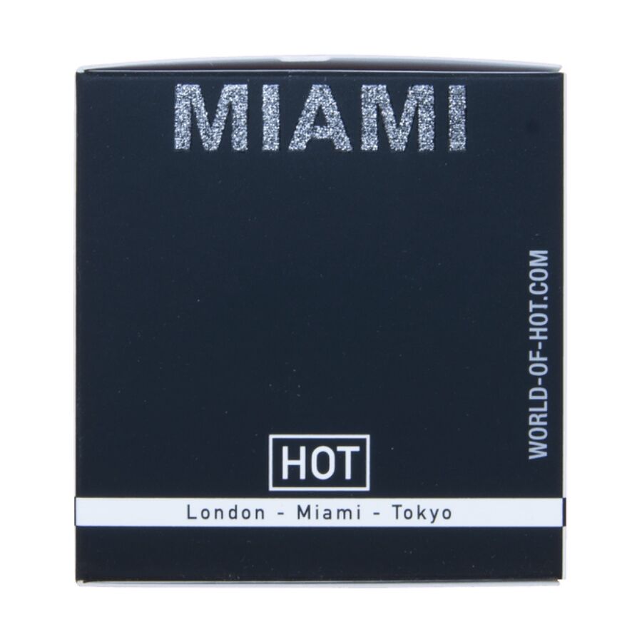 Boite bleu nuit Miami Spicy Woman Hot avec adresse du site, parfum femme aux pheromones de 30 ml a la signature florale solaire.