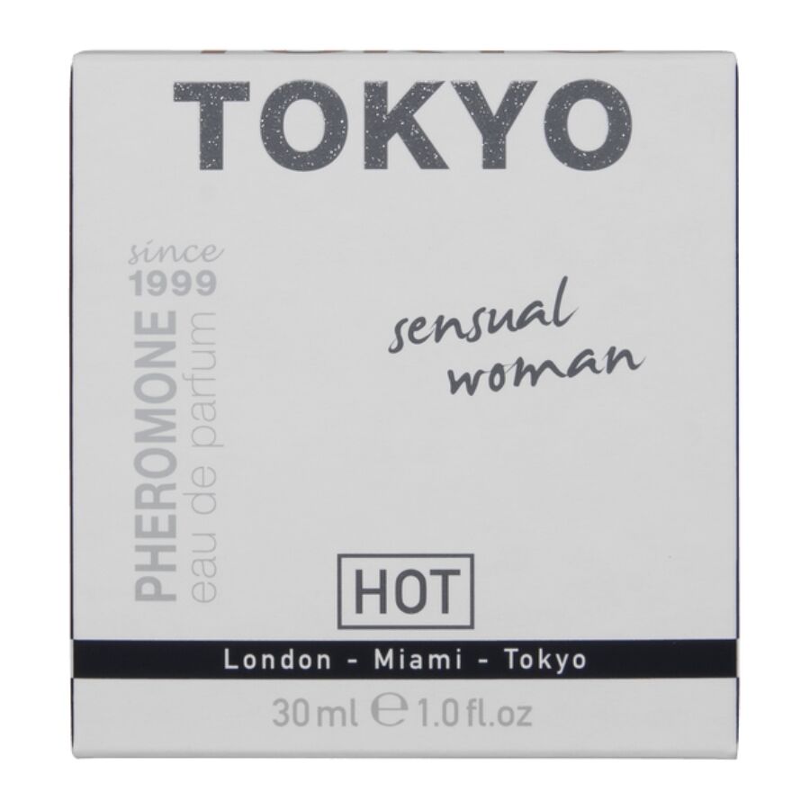 Etui clair du parfum Tokyo Sensual Woman 30 ml Hot aux pheromones, gamme London Miami Tokyo, eau de parfum feminine florale fruitee.