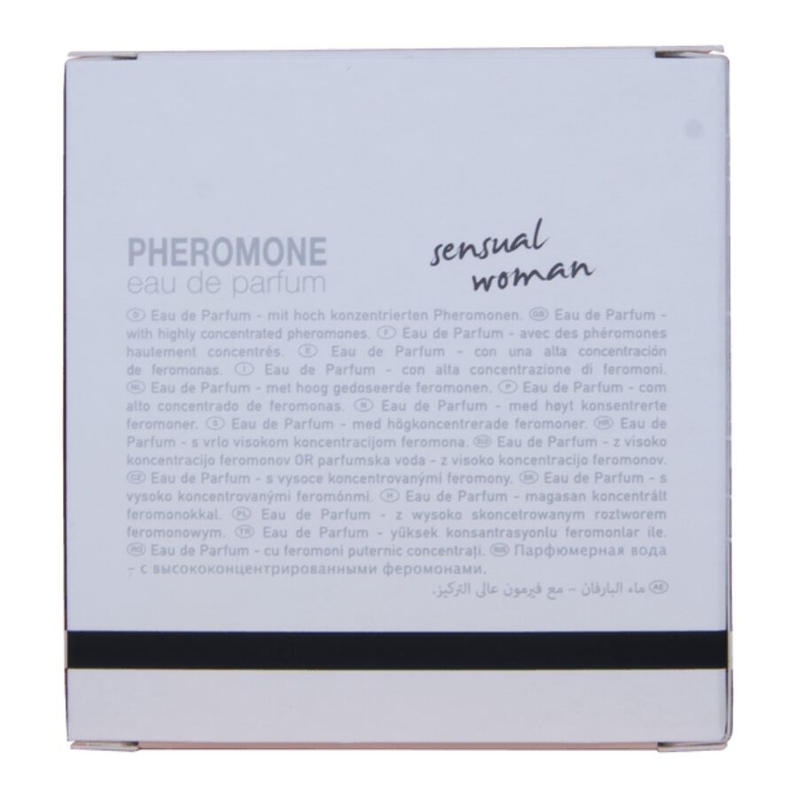 Verso de l'etui Tokyo Sensual Woman Hot avec notice pheromones multilingue, eau de parfum feminine au jasmin et fleur d'oranger, 30 ml.