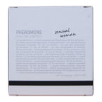 Verso de l'etui Tokyo Sensual Woman Hot avec notice pheromones multilingue, eau de parfum feminine au jasmin et fleur d'oranger, 30 ml.