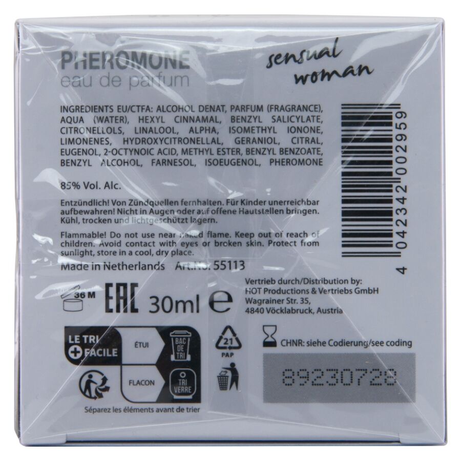Boite filmee Tokyo Sensual Woman Hot vue de dos, ingredients et code-barres, parfum femme aux pheromones floral fruite de 30 ml.