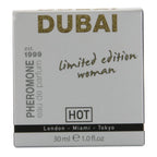 Etui noir et dore du parfum Dubai Limited Edition Woman 30 ml Hot aux pheromones, gamme London Miami Tokyo, eau de parfum feminine orientale.