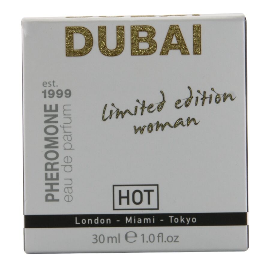 Etui noir et dore du parfum Dubai Limited Edition Woman 30 ml Hot aux pheromones, gamme London Miami Tokyo, eau de parfum feminine orientale.