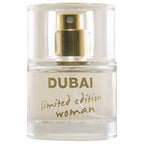Gros plan du flacon Dubai Limited Edition Woman 30 ml Hot aux pheromones, verre clair et vaporisateur dore, parfum femme oriental glamour.