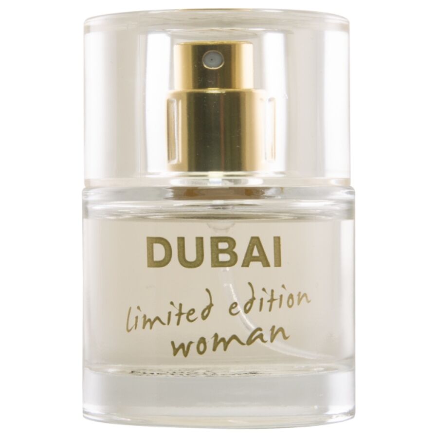 Gros plan du flacon Dubai Limited Edition Woman 30 ml Hot aux pheromones, verre clair et vaporisateur dore, parfum femme oriental glamour.
