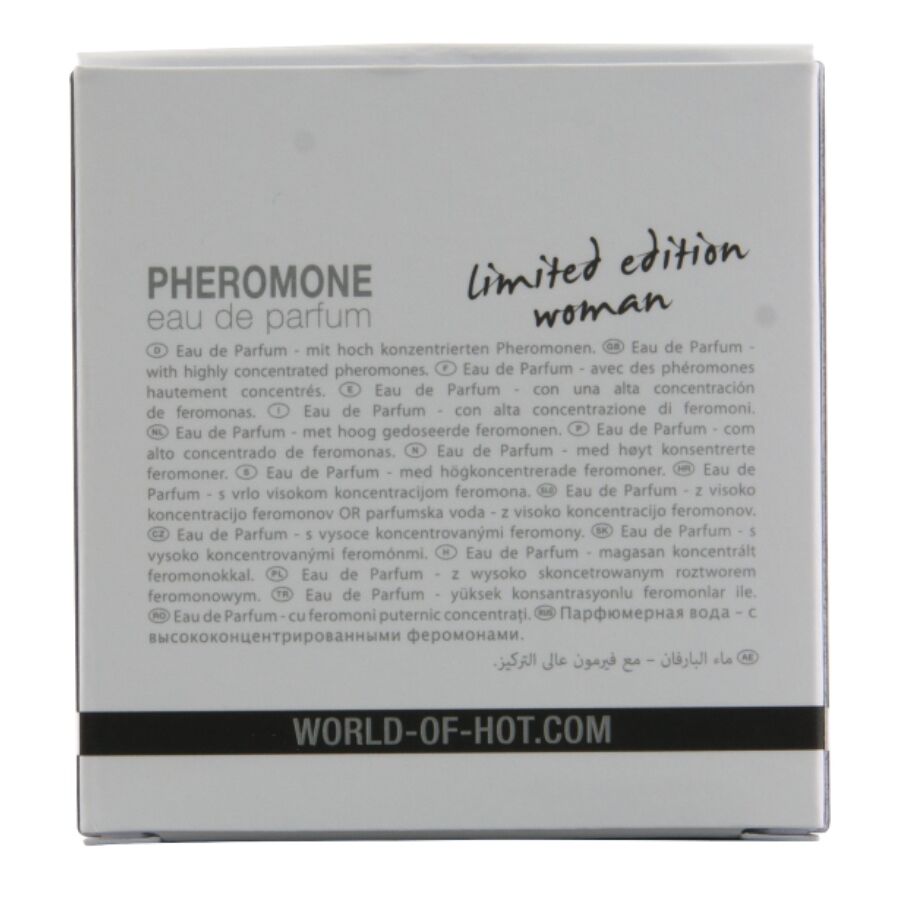 Verso de l'etui Dubai Woman Hot avec notice pheromones et adresse du site, eau de parfum feminine orientale a la vanille bourbon, 30 ml.