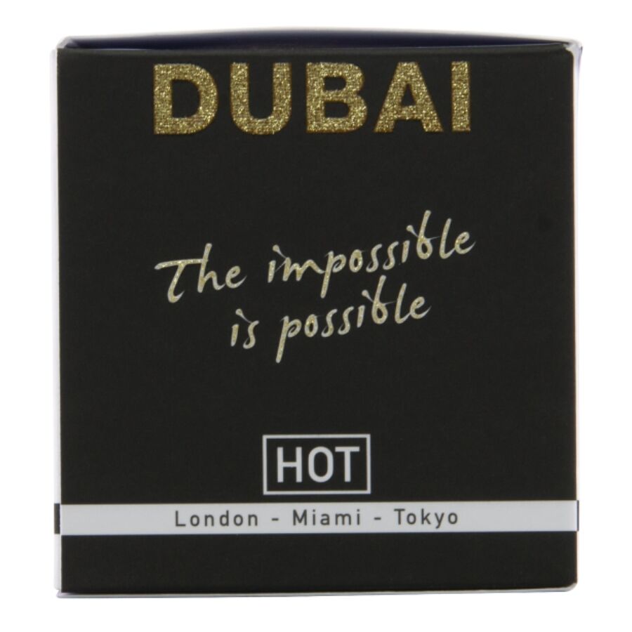 Cote de la boite Dubai Woman Hot avec le slogan The impossible is possible, parfum femme aux pheromones de 30 ml a l'accord oriental.