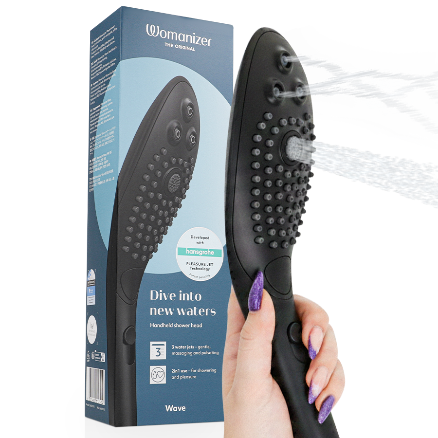 Pommeau de douche Womanizer Wave noir avec sa boîte et jet d’eau