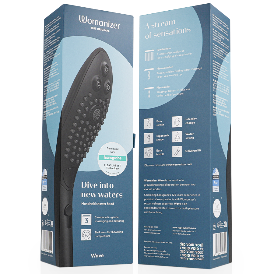 Boîte du pommeau de douche Womanizer Wave noir vue de face et de dos