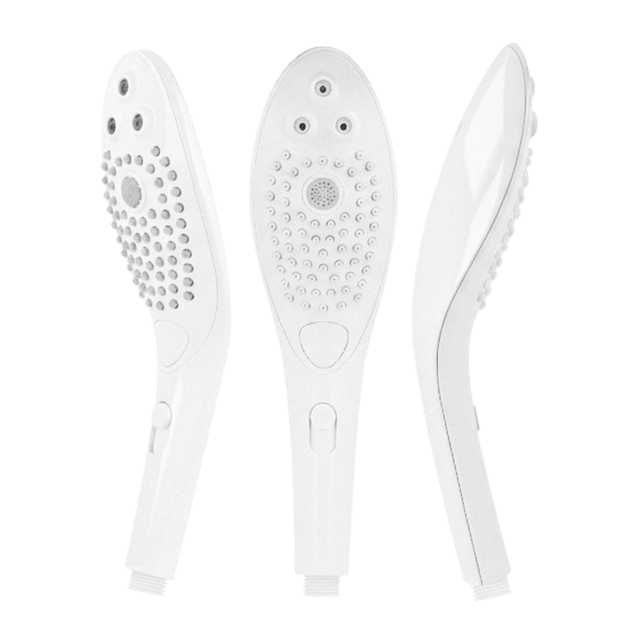 Pommeau de douche Womanizer Wave blanc présenté sous trois angles
