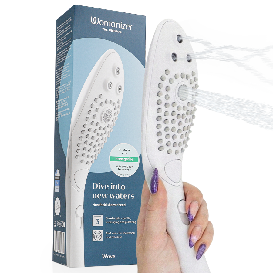 Pommeau de douche Womanizer Wave blanc avec sa boîte et jet d’eau