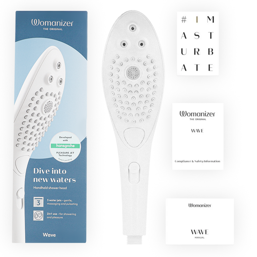 Contenu du coffret Womanizer Wave blanc avec notices et accessoires