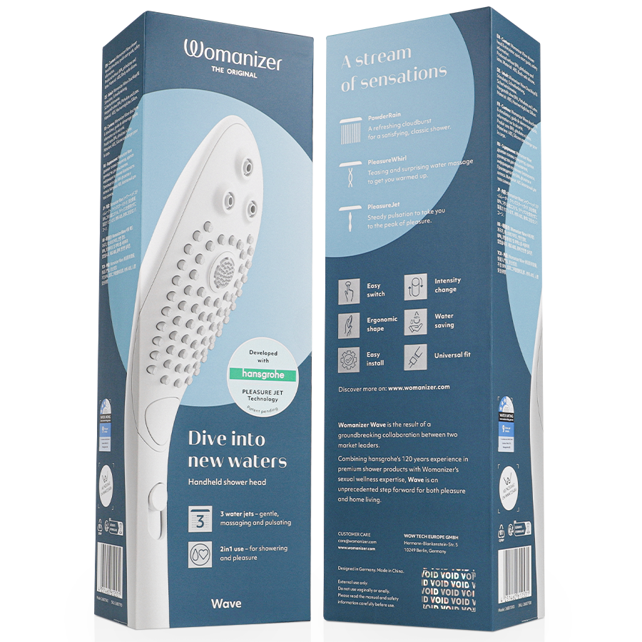 Boîte bleue du pommeau de douche Wave vue de l'avant et du dos avec mentions Dive into new waters et A stream of sensations, packaging produit sans anatomie.