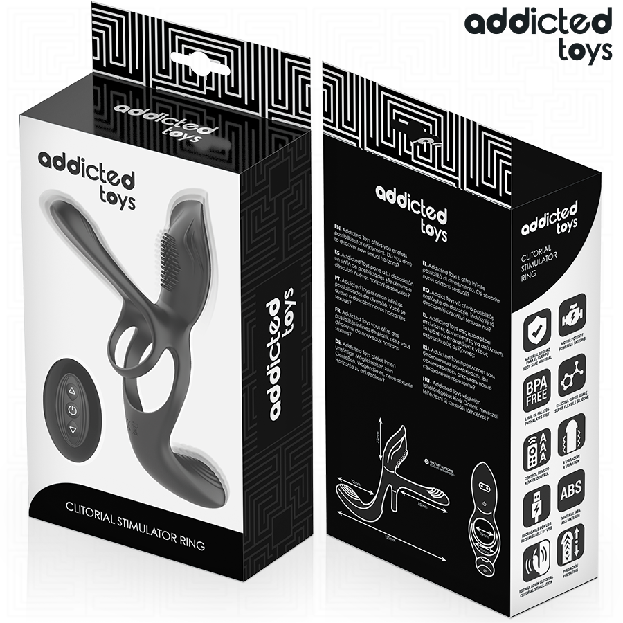 Boite de l'anneau vibrant pour couple Addicted, recto verso detaillant le dispositif silicone a double boucle, stimulateur clitoridien et pictogrammes techniques.