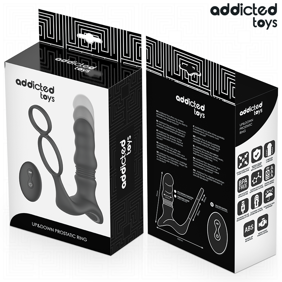 Boite du masseur prostatique Addicted a double anneau, recto verso montrant le dispositif silicone a embout perle et les pictogrammes techniques du produit.