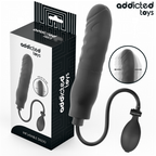Emballage noir Addicted Toys du godemichet gonflable modele 3, avec vue du jouet strie et de sa poire de gonflage