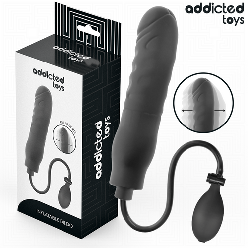 Emballage noir Addicted Toys du godemichet gonflable modele 3, avec vue du jouet strie et de sa poire de gonflage