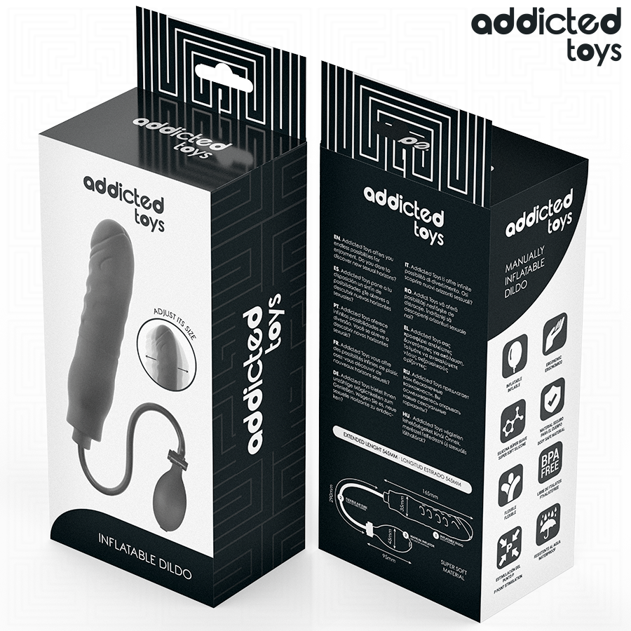 Emballage Addicted Toys recto et verso, avec pictogrammes des caracteristiques et longueur etiree maximale de 545 mm