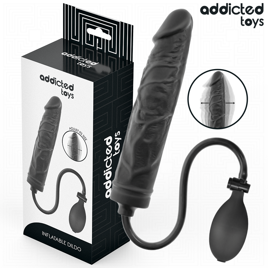Emballage noir Addicted Toys du godemichet gonflable modele 4, avec vue du jouet veine et de sa poire de gonflage