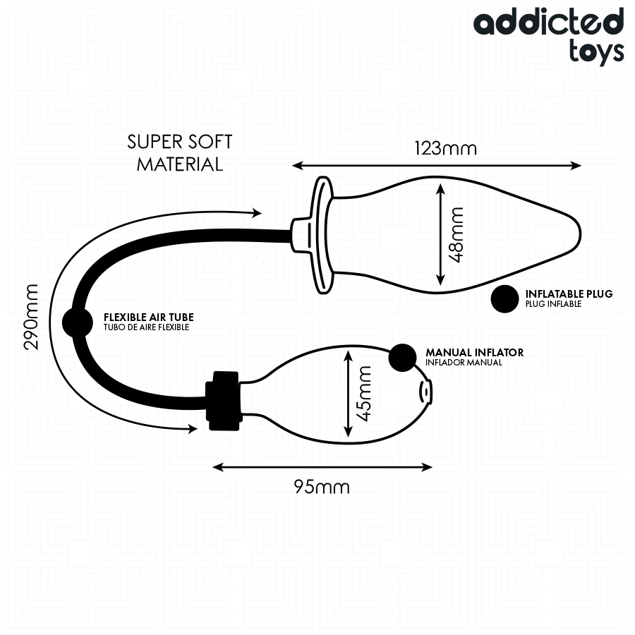 Schema technique du plug gonflable modele 2 : longueur 123 mm, diametre 48 mm, tuyau flexible 290 mm, poire 45 x 95 mm