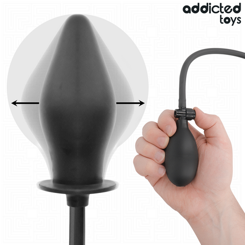 Illustration en fondu montrant l'expansion du plug modele 2 sous l'effet du gonflage, et main actionnant la poire noire
