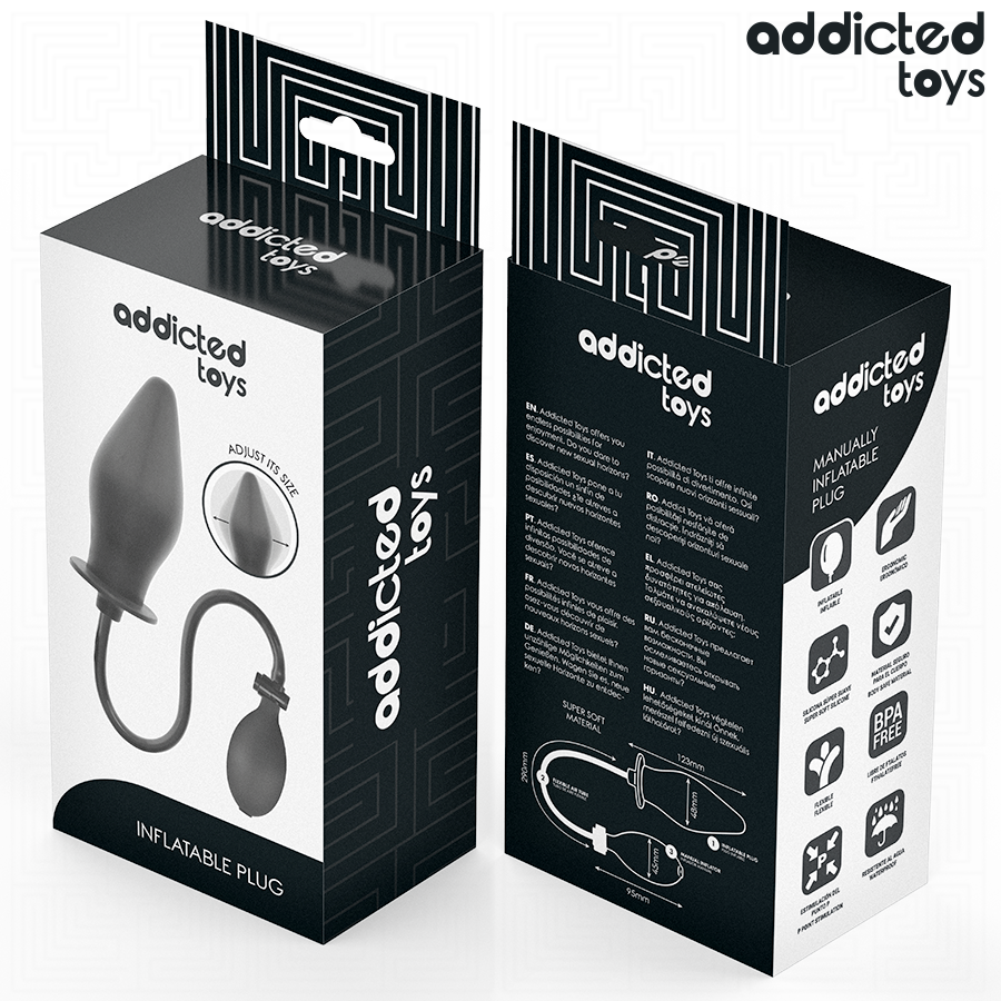 Emballage Addicted Toys recto et verso du plug modele 2, avec pictogrammes des caracteristiques et schema des dimensions