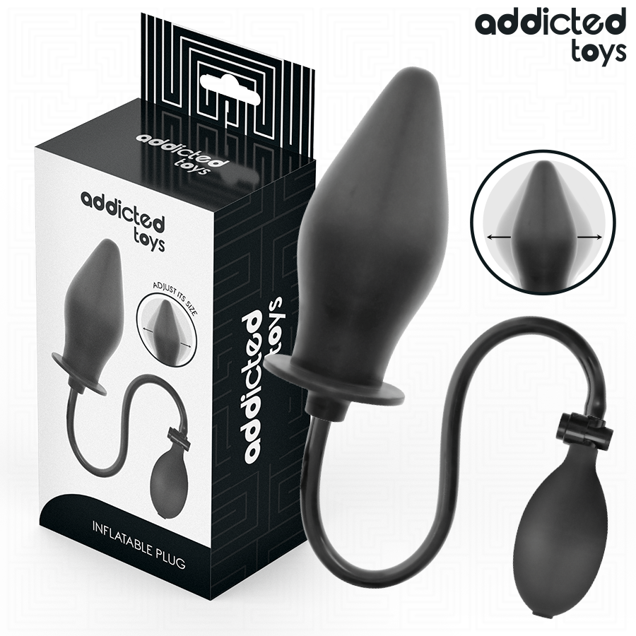 Emballage noir Addicted Toys du plug anal gonflable modele 2, avec vue du plug conique et de sa poire de gonflage