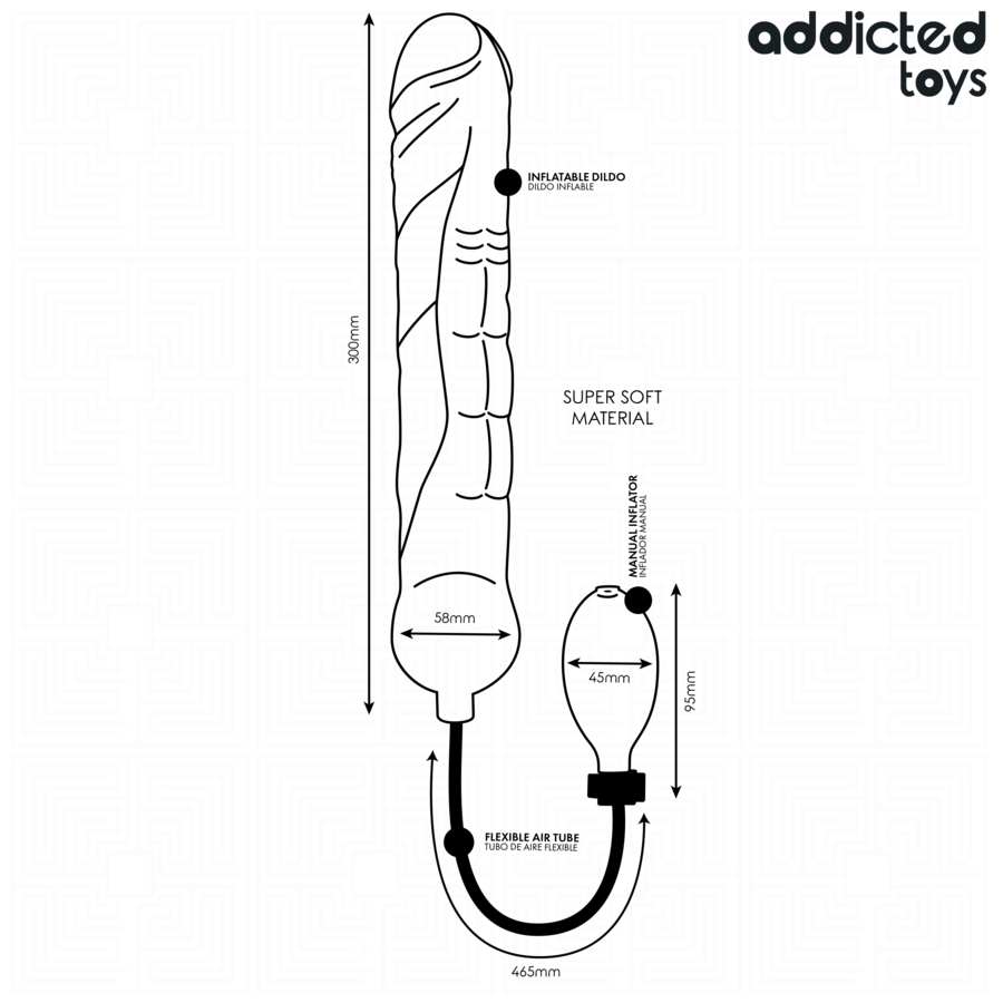 Schema technique du godemichet gonflable XL modele 5 : longueur 300 mm, diametre 58 mm, tuyau flexible 465 mm